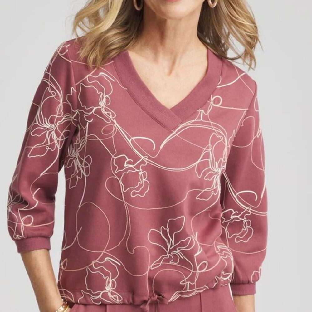 Chico’s Sweater Top Size Large Embroidered V-Neck Whimsical Drawstring Waist